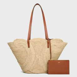 Clearance CLASSIC PANIER MEDIUM BRAIDED TRIOMPHE in RAFFIA and CALFSKIN Women More Lines·Classic Panier | Categories·Hobo And Tote Bags