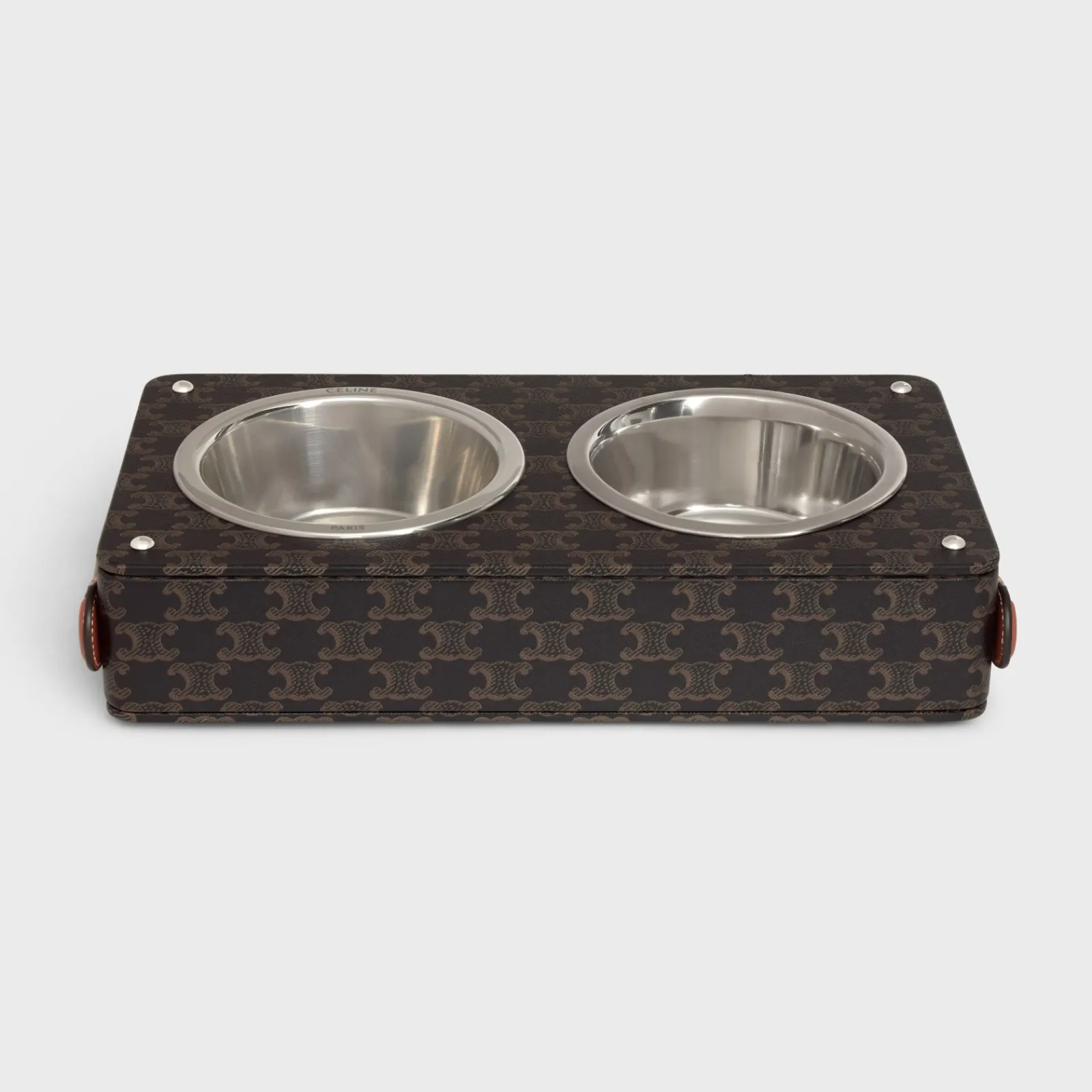 New Double Dog Bowl in Nappa Lambskin with Triomphe Canvas Print and Calfskin Dog Accessories