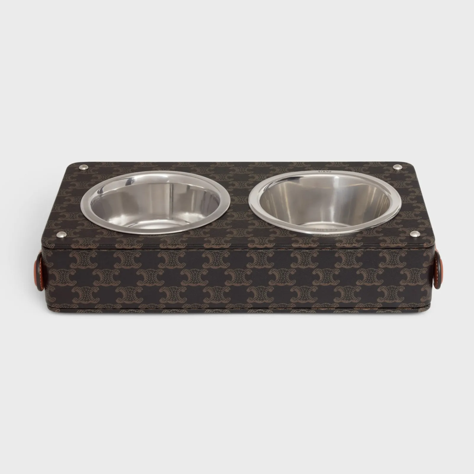 New Double Dog Bowl in Nappa Lambskin with Triomphe Canvas Print and Calfskin Dog Accessories
