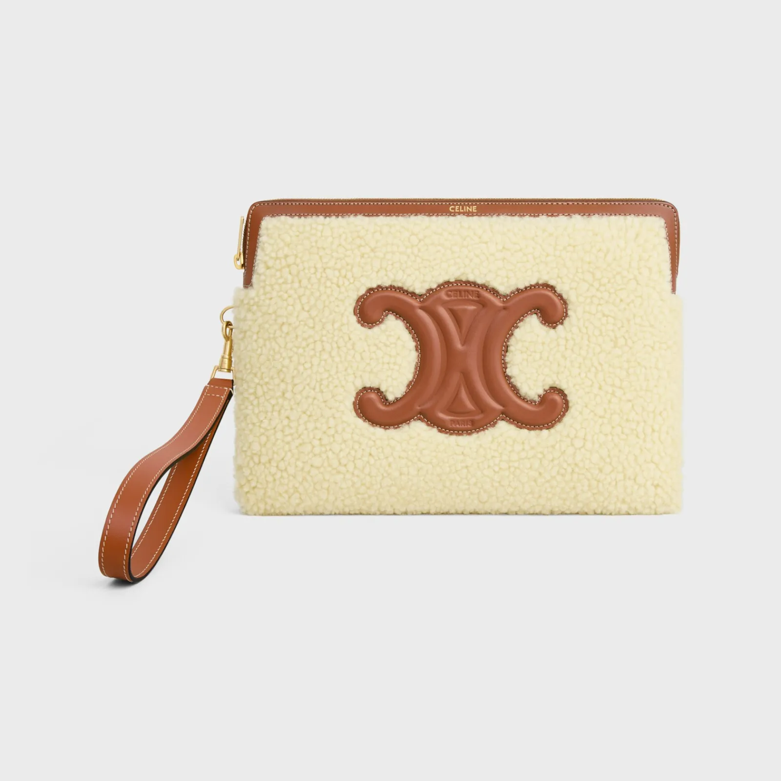 Online SMALL POUCH WITH STRAP in SHEARLING AND CALFSKIN Women More Lines·Cuir Triomphe | Categories·Pouches And Tech Accessories