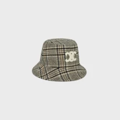 Fashion triomphe bucket hat in checked wool Women Bucket Hats And Caps