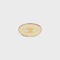Fashion Triomphe Hair Clip in Shearling, Calfskin, Brass with Gold Finish and Steel Women Hair Accessories